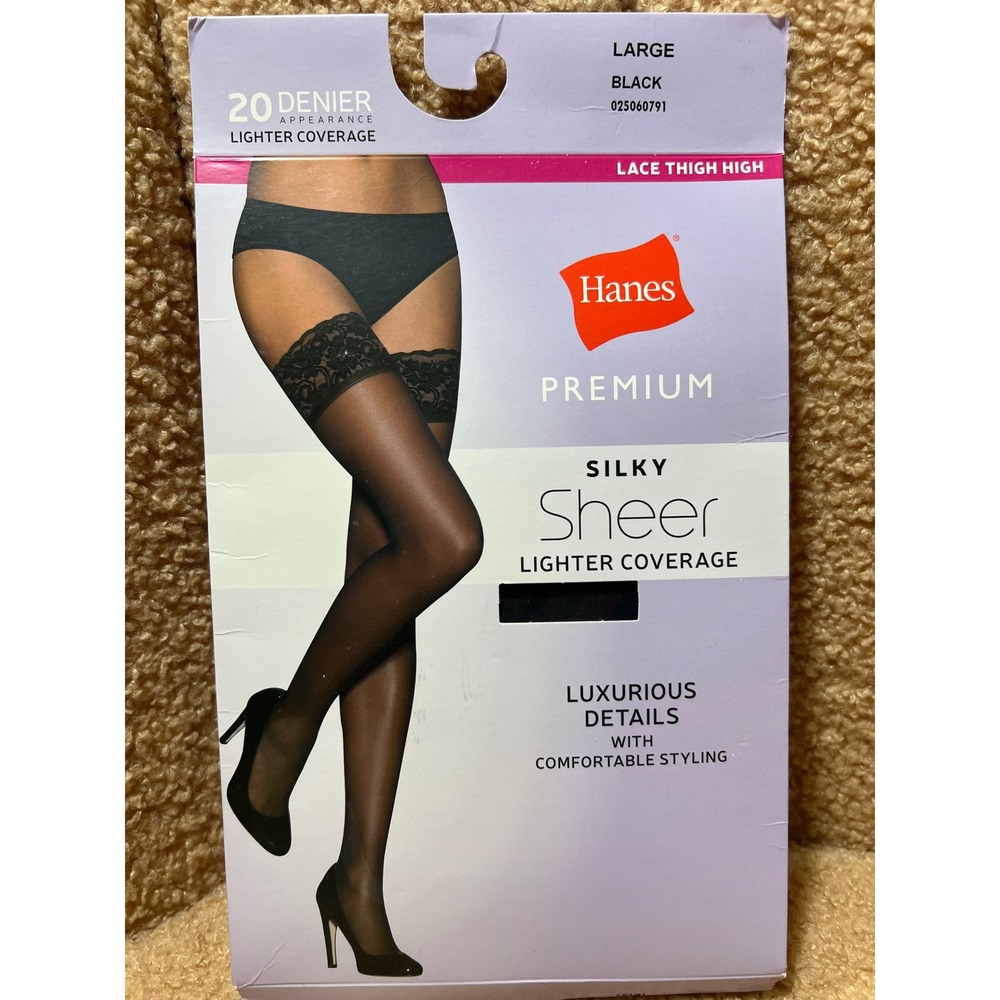Hanes Premium Silky Sheer Lace Thigh High Stockings Black 20 Denier L 025060791